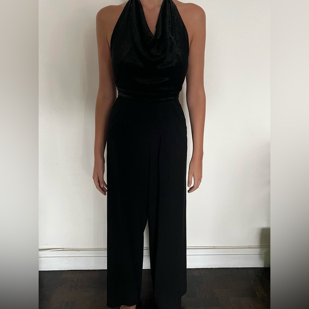 Alice + Olivia Black Wide-Leg Halter Jumpsuit | Sparkle Drape Neck | Size 0